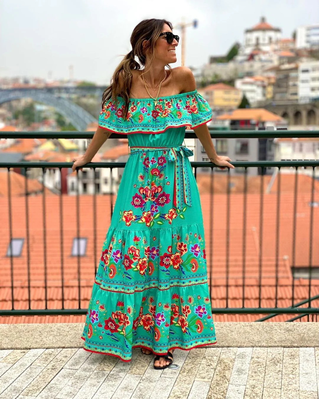 Ladies Maxi Dress – Off-Shoulder – Floral Print – Ruffles – Airy Cotton Blend - Image 6