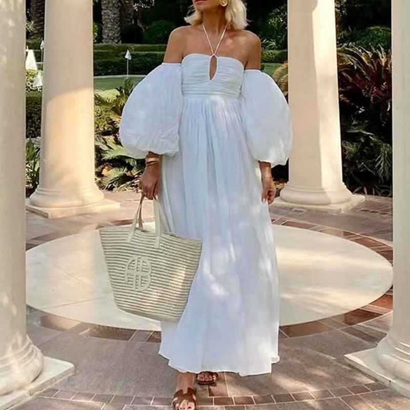 Women's Maxi Dress – Off Shoulder – Puff Sleeves – Cut-Out Neckline – Flowy Fit - Image 2