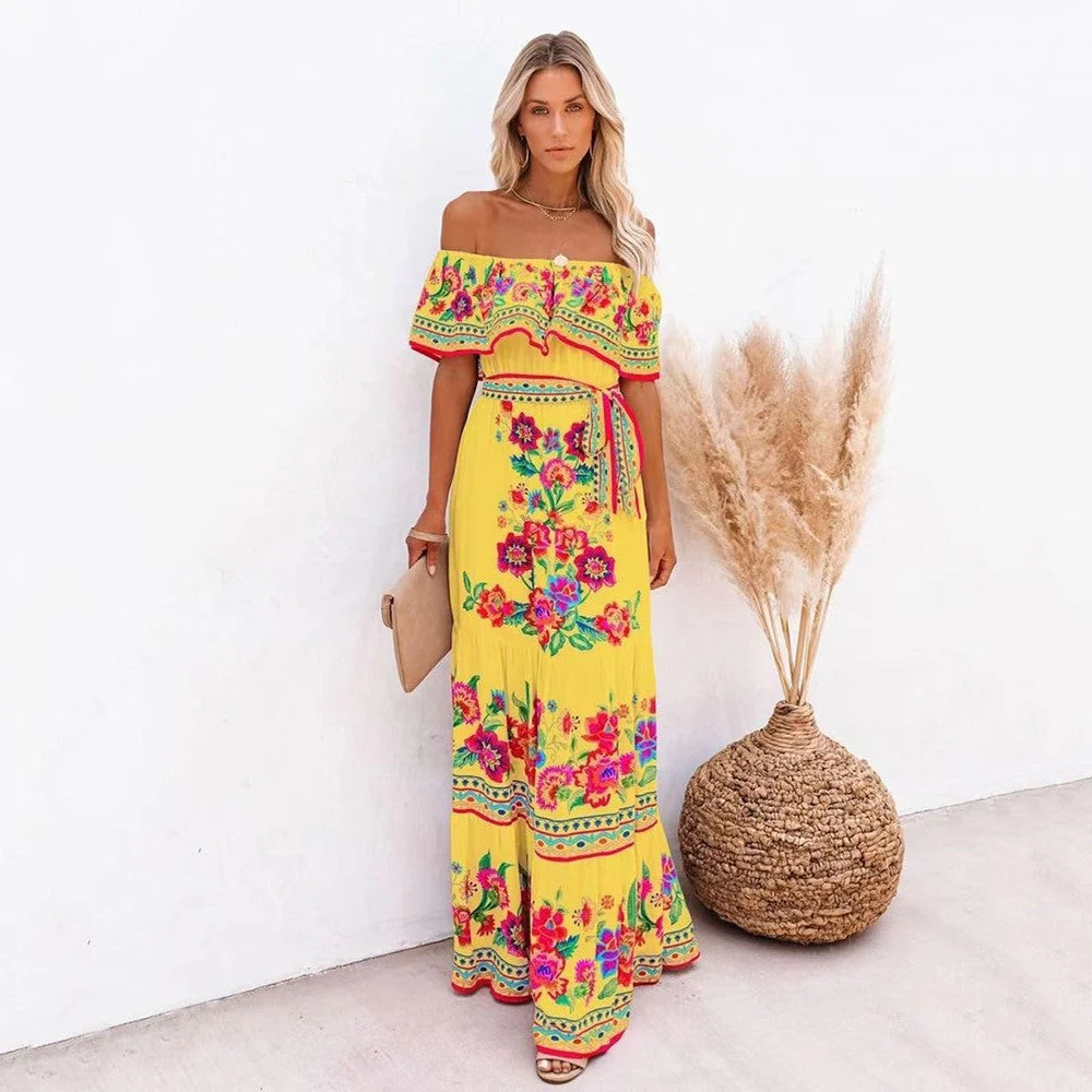 Women's Maxi Dress – Off-Shoulder Ruffle – Floral Print – Layered Skirt – Waist Belt - Image 3