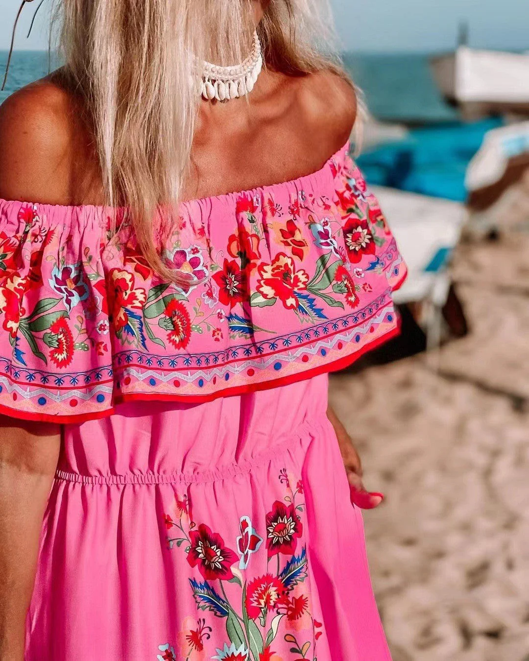 Women's Maxi Dress – Off-Shoulder Ruffle – Floral Print – Layered Skirt – Waist Belt - Image 4