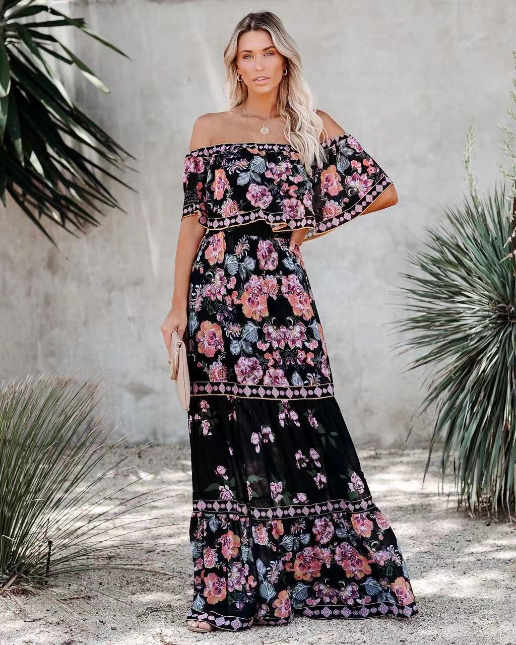 Women's Maxi Dress – Off-Shoulder Ruffle – Floral Print – Layered Skirt – Waist Belt - Image 5