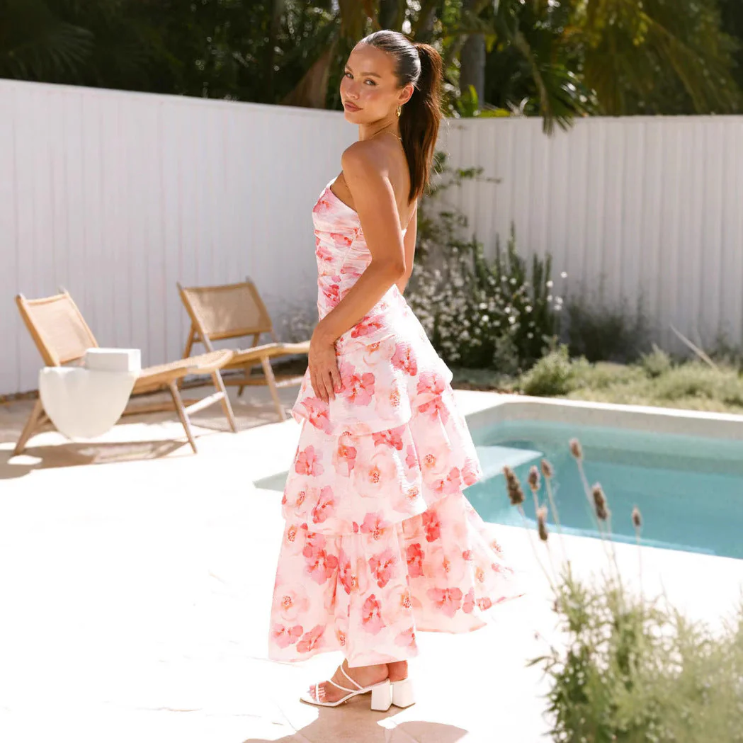 Women's Maxi Dress – One-Shoulder – A-Line – Layered Skirts – Abstract Print – Ruffles - Image 2