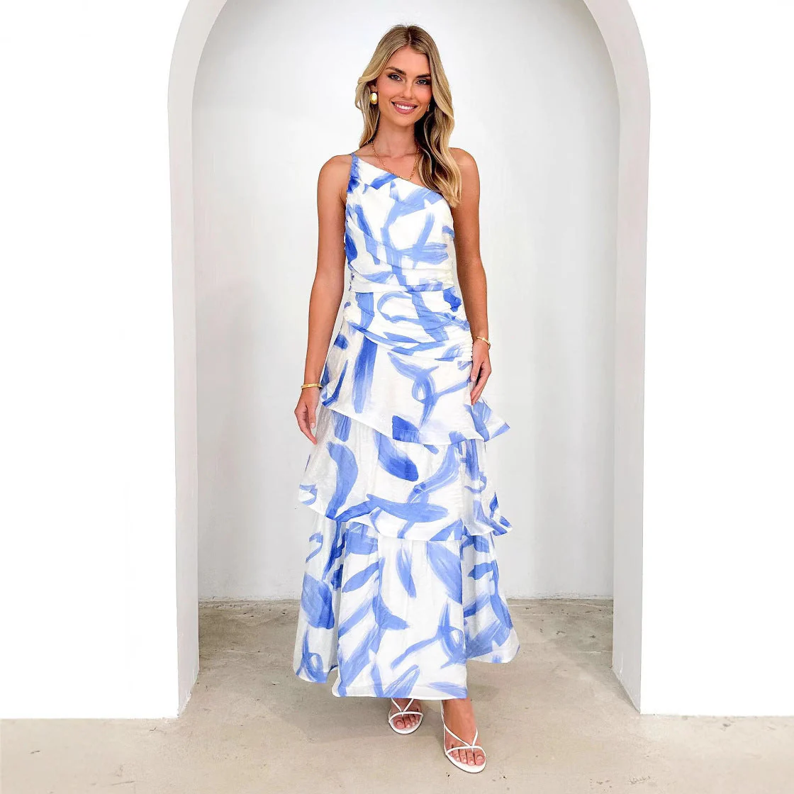 Women's Maxi Dress – One-Shoulder – A-Line – Layered Skirts – Abstract Print – Ruffles - Image 3