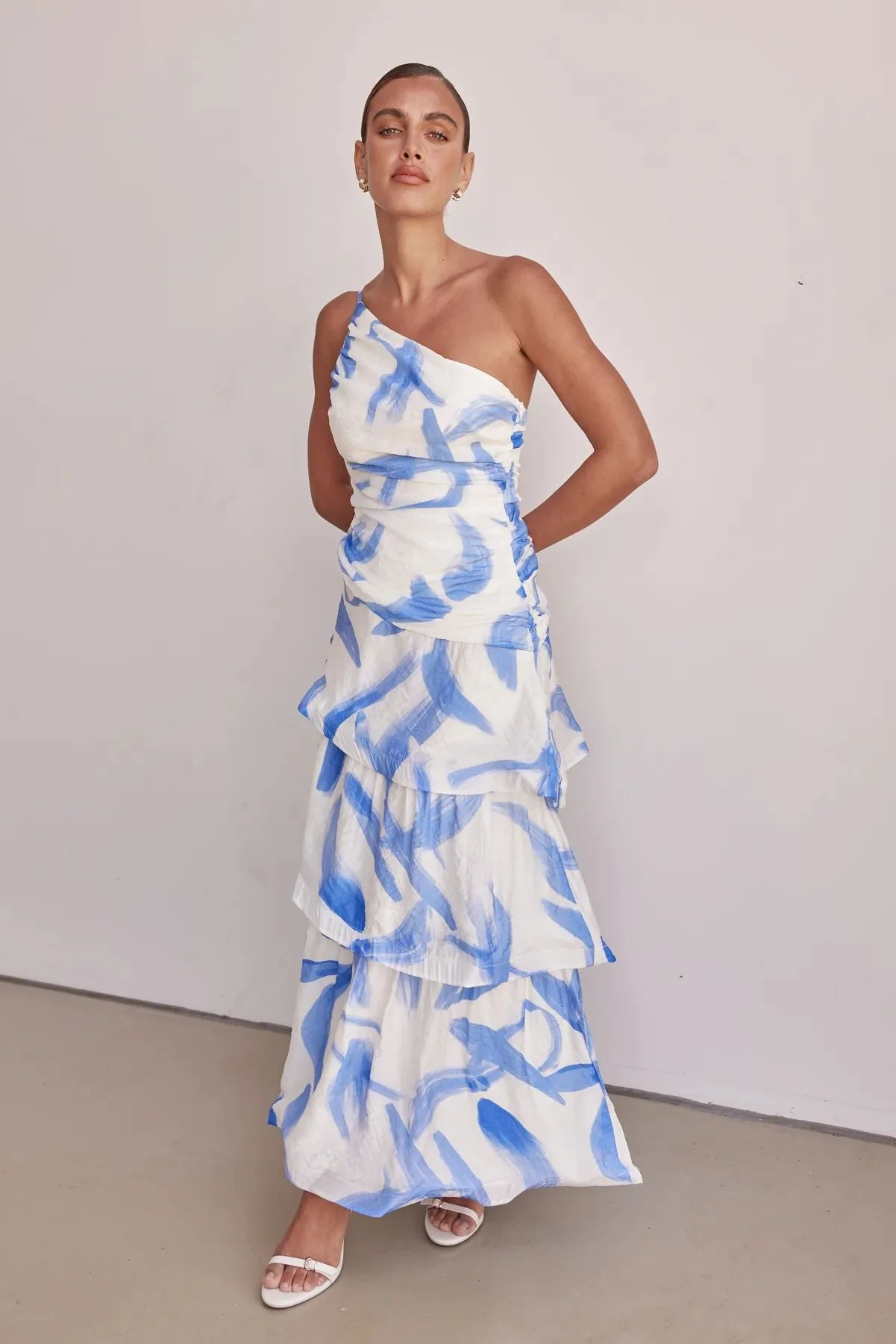 Women's Maxi Dress – One-Shoulder – A-Line – Layered Skirts – Abstract Print – Ruffles - Image 4
