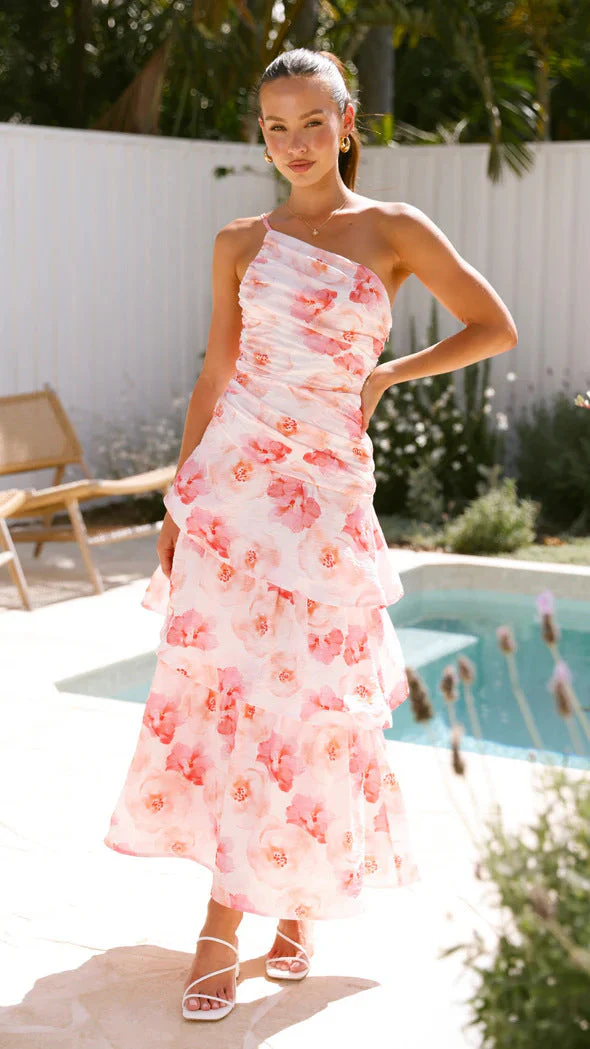 Women's Maxi Dress – One-Shoulder – A-Line – Layered Skirts – Abstract Print – Ruffles - Image 6