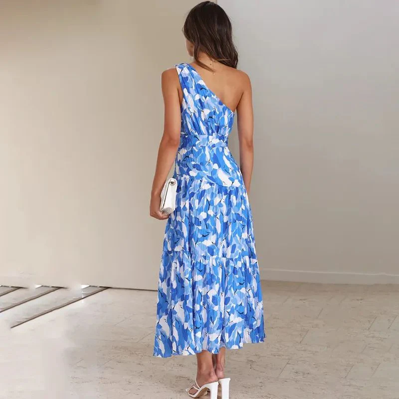 Women's Maxi Dress – One Shoulder – A-Line – Sleeveless – Breathable With Print - Image 2