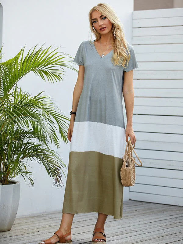 Women's maxi-dress – Relaxed fit – V-neck – Short sleeves – Breathable patchwork design - Image 2