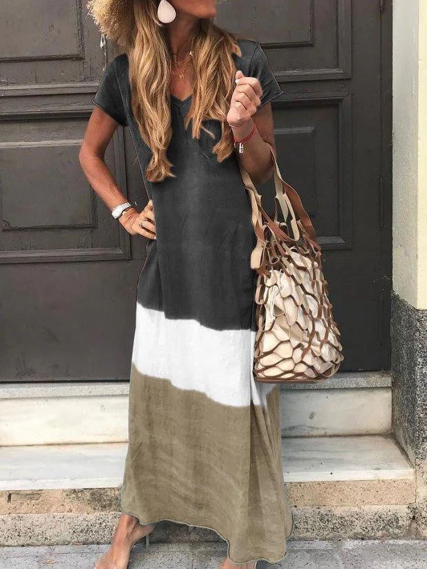 Women's maxi-dress – Relaxed fit – V-neck – Short sleeves – Breathable patchwork design - Image 3