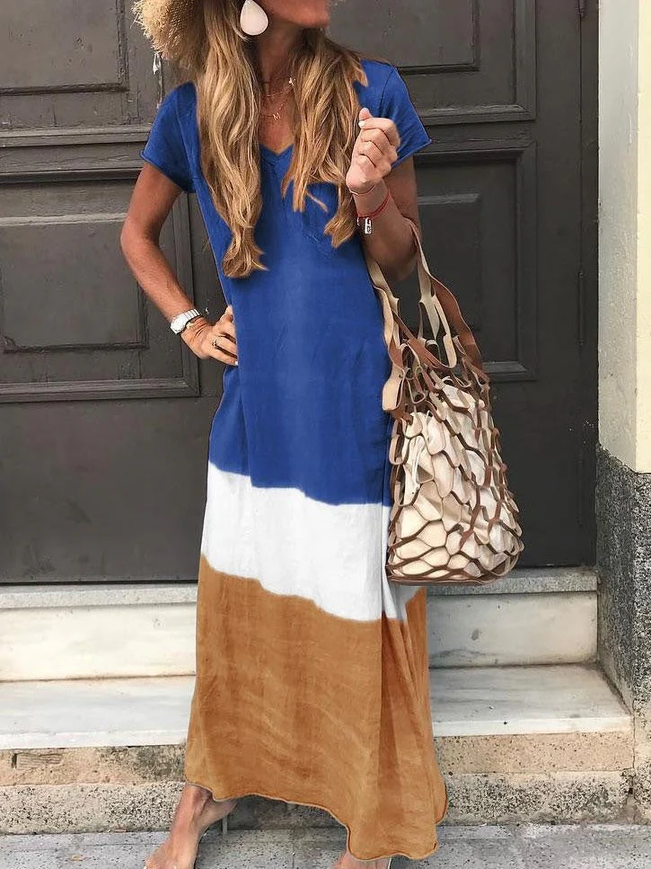 Women's maxi-dress – Relaxed fit – V-neck – Short sleeves – Breathable patchwork design - Image 4