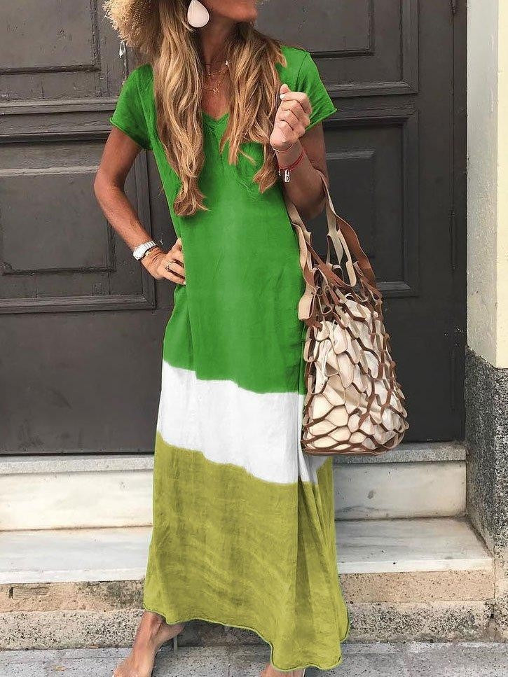 Women's maxi-dress – Relaxed fit – V-neck – Short sleeves – Breathable patchwork design - Image 5