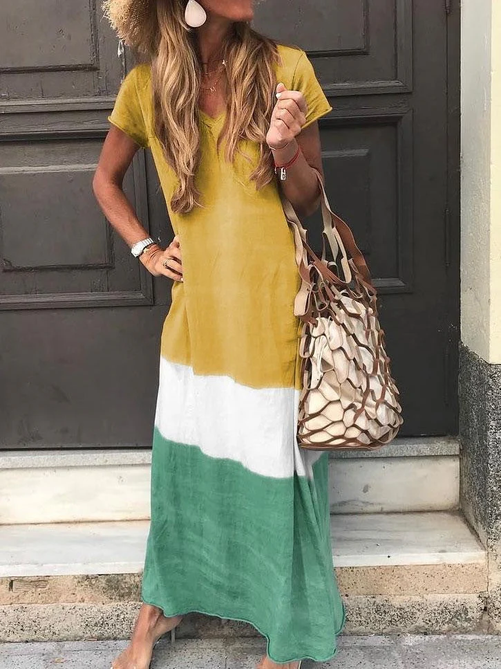 Women's maxi-dress – Relaxed fit – V-neck – Short sleeves – Breathable patchwork design - Image 6