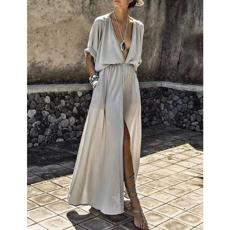 Women's Maxi Dress – Relaxed Fit – Deep V-Neck – Front Split – Airy Fabric – Three-Quarter Sleeves - Image 2