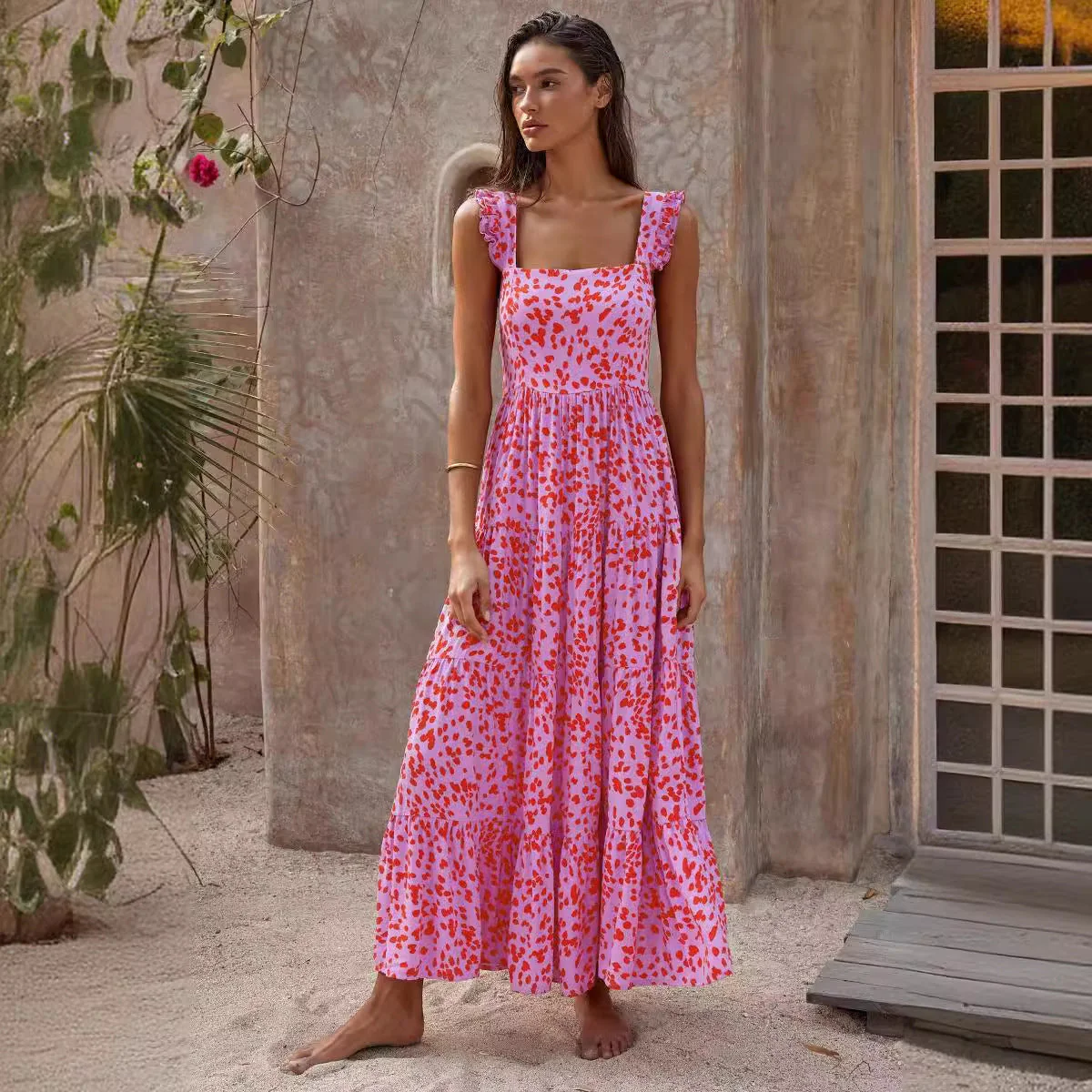 Ladies Maxi Dress – Relaxed Fit – Sleeveless – Layered Skirt – Cotton – Square Neck - Image 2