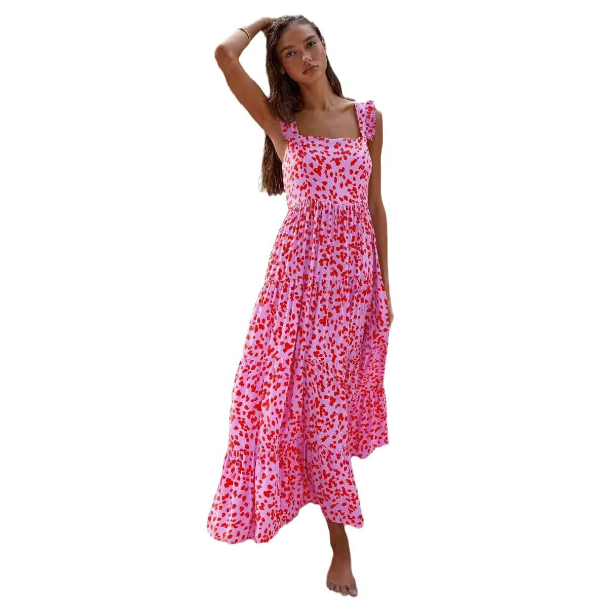 Ladies Maxi Dress – Relaxed Fit – Sleeveless – Layered Skirt – Cotton – Square Neck - Image 3