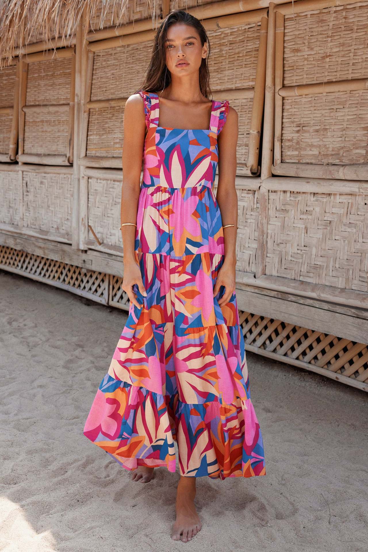 Ladies Maxi Dress – Relaxed Fit – Sleeveless – Layered Skirt – Cotton – Square Neck - Image 4
