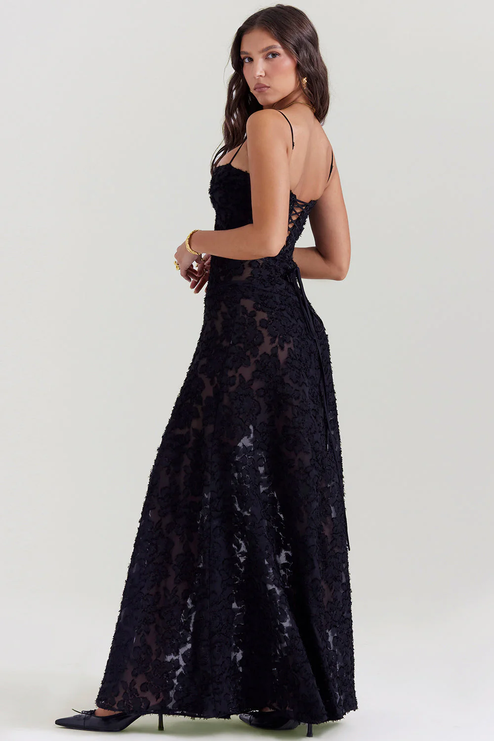Ladies Maxi Dress – Slim Fit – Breathable Luxury Fabrics – Lace Back – Floral Applique - Image 3