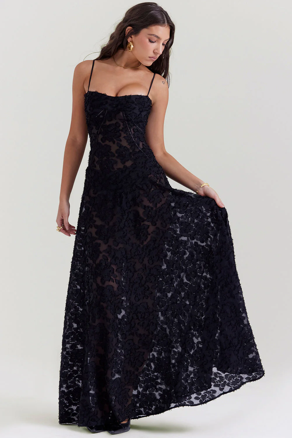 Ladies Maxi Dress – Slim Fit – Breathable Luxury Fabrics – Lace Back – Floral Applique - Image 4
