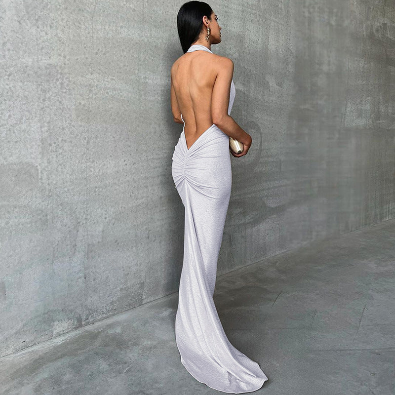 Women's maxi-dress – Slim fit – Halter neck – Open back – Luxurious shiny fabric - Image 4