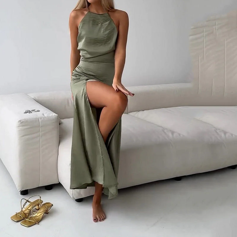 Women's maxi dress – Slim fit – Halterneck – Open back – Luxury fabric – Split skirt - Image 3