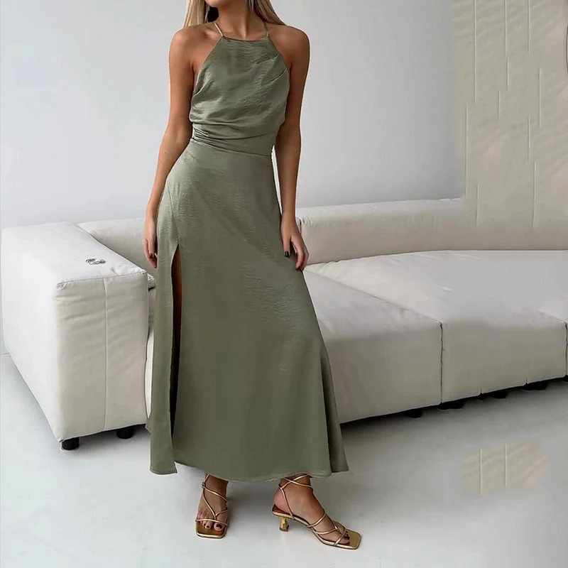 Women's maxi dress – Slim fit – Halterneck – Open back – Luxury fabric – Split skirt - Image 4