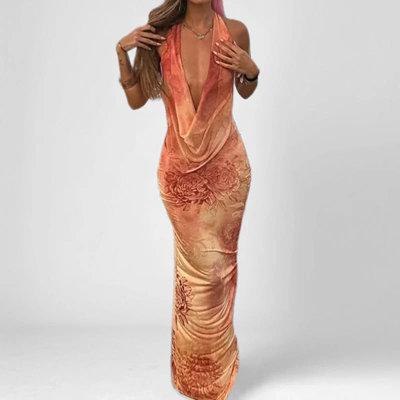 Women's Maxi Dress – Slim Fit – Halterneck – Satin Look – Backless – Floral Print - Image 2