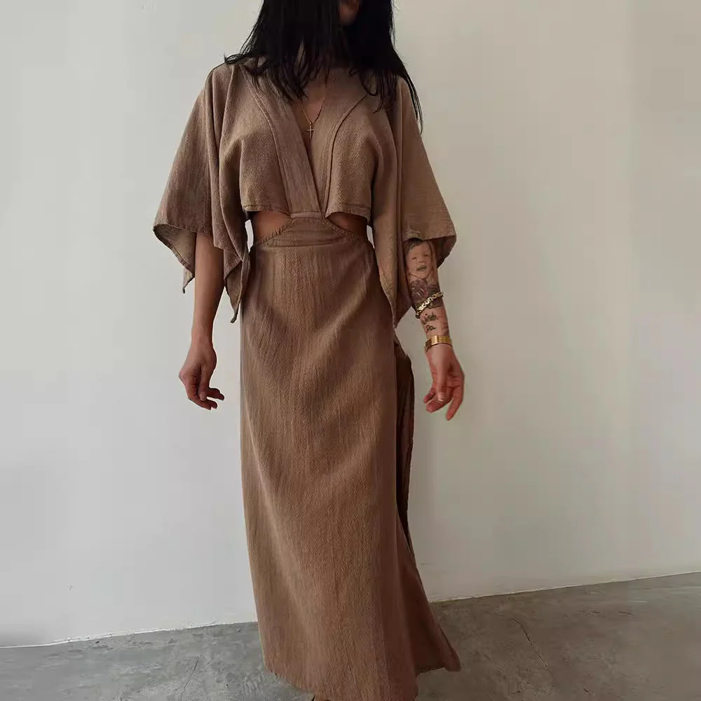 Ladies maxi dress – Slim fit – Linen cotton – V-neck – Cut-out waist – High slit - Image 2