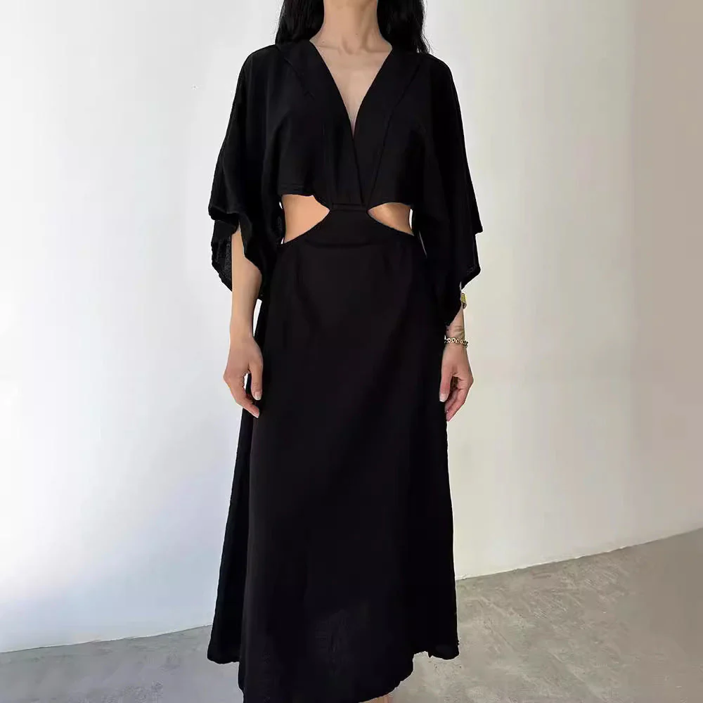 Ladies maxi dress – Slim fit – Linen cotton – V-neck – Cut-out waist – High slit - Image 4
