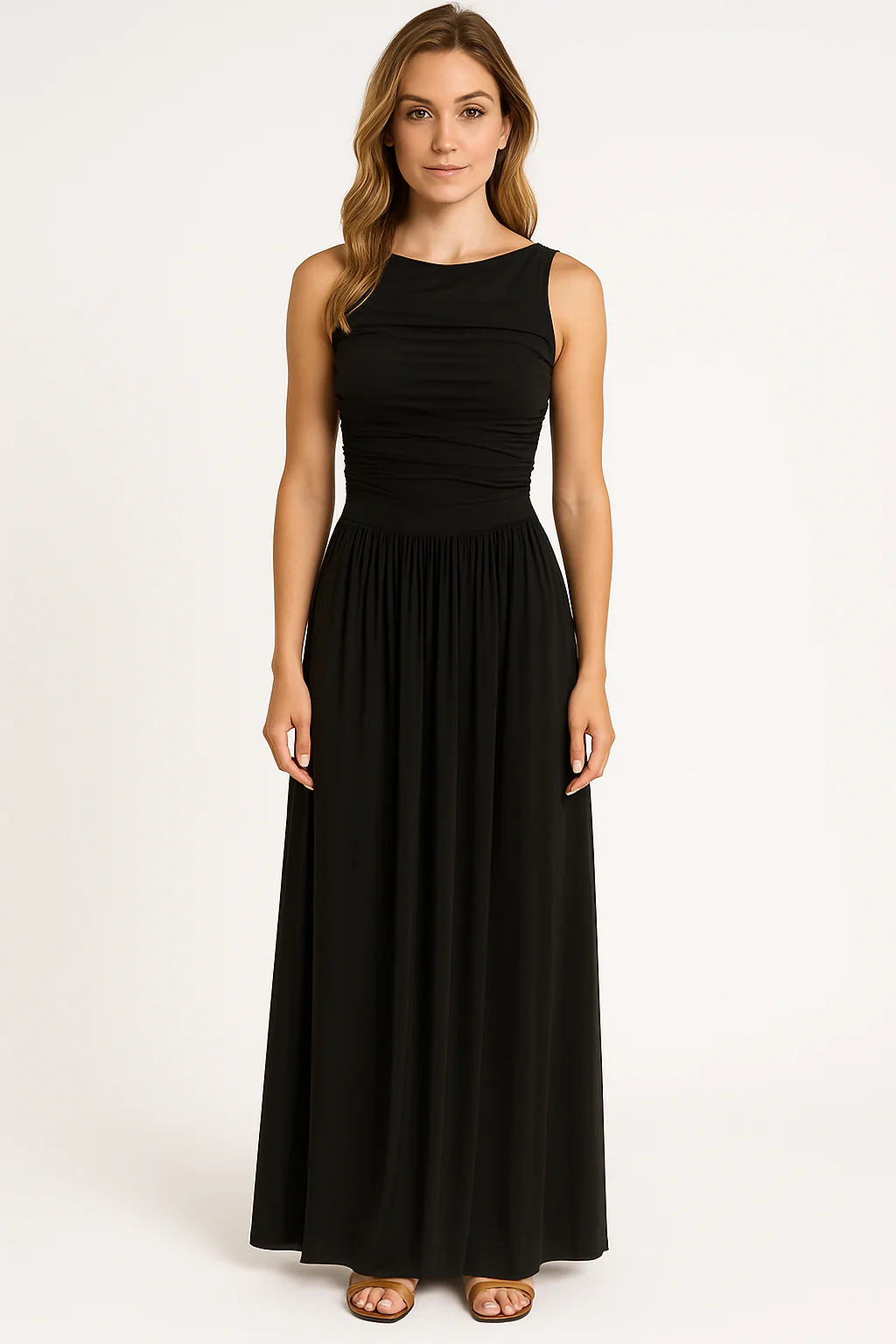 Ladies Maxi Dress – Slim Fit – Sleeveless – Ruching Detail – Lightweight – Elegant Model - Image 3