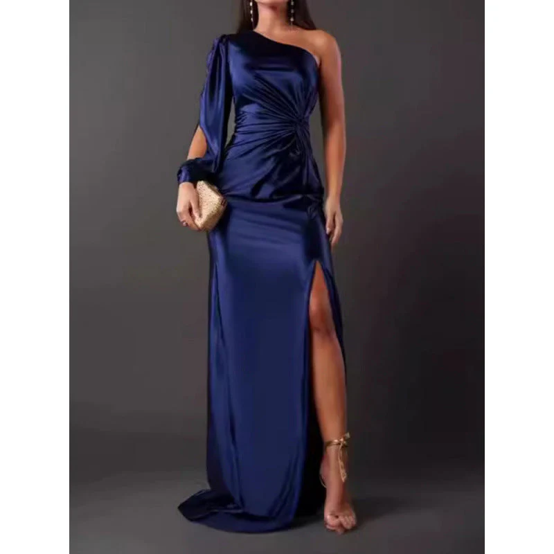 Women's Maxi Dress – Slim Fit – One Shoulder – Luxurious Satin Look – High Split - Image 2