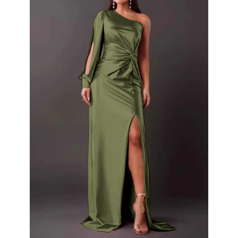 Women's Maxi Dress – Slim Fit – One Shoulder – Luxurious Satin Look – High Split - Image 4