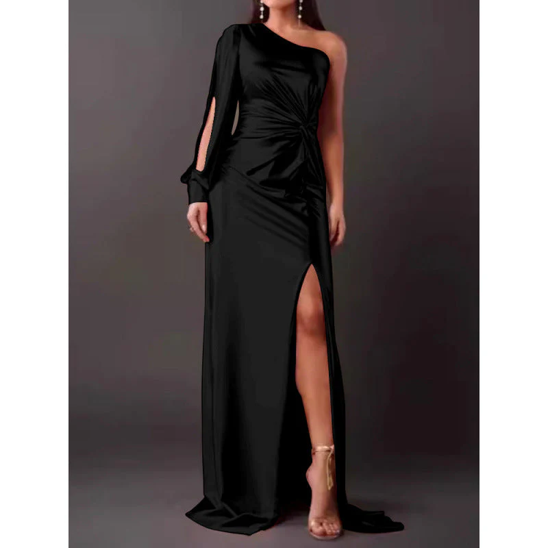 Women's Maxi Dress – Slim Fit – One Shoulder – Luxurious Satin Look – High Split - Image 5