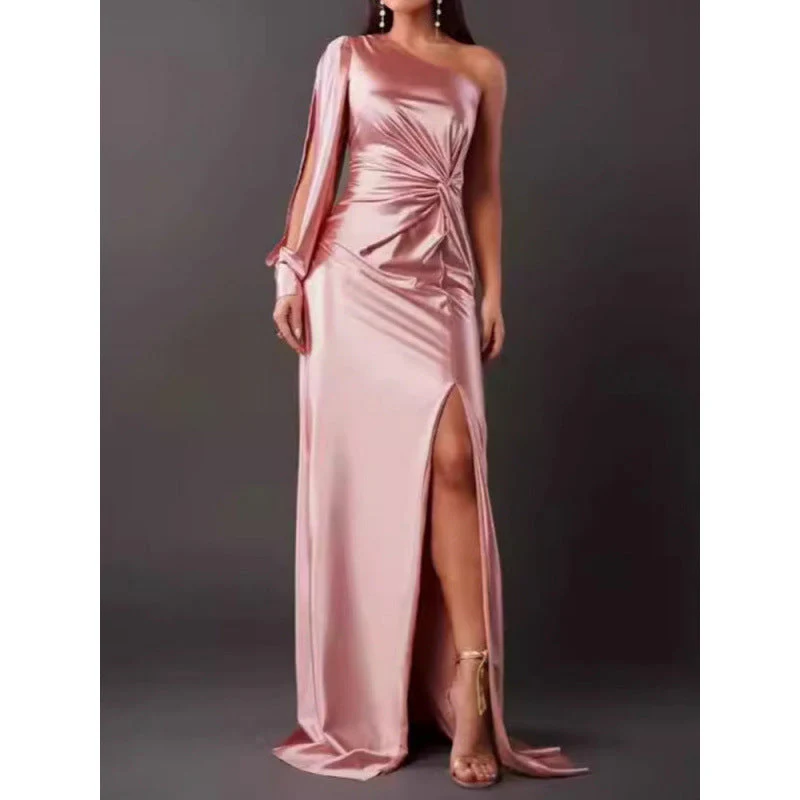 Women's Maxi Dress – Slim Fit – One Shoulder – Luxurious Satin Look – High Split - Image 6