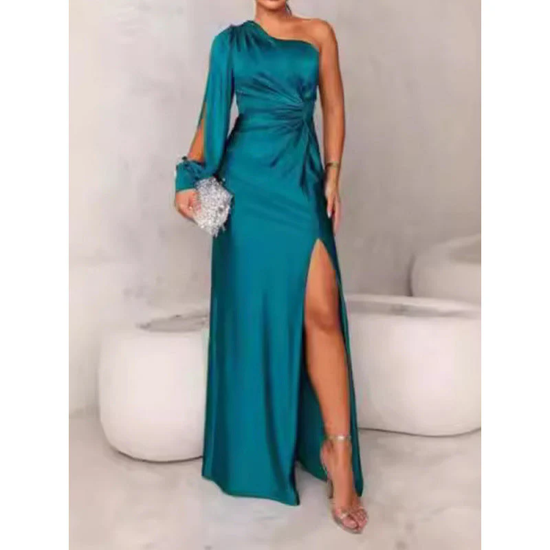 Women's Maxi Dress – Slim Fit – One Shoulder – Luxurious Satin Look – High Split - Image 7