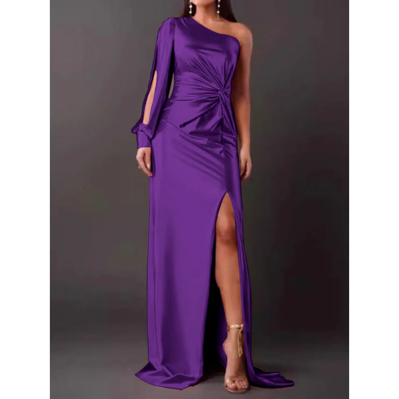 Women's Maxi Dress – Slim Fit – One Shoulder – Luxurious Satin Look – High Split - Image 8