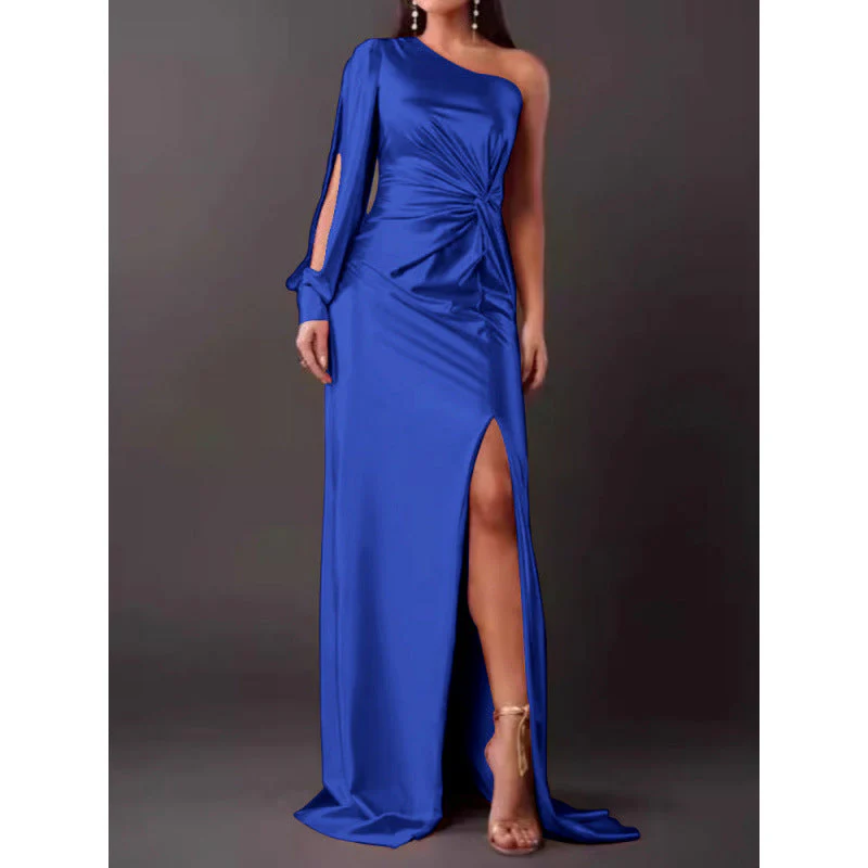 Women's Maxi Dress – Slim Fit – One Shoulder – Luxurious Satin Look – High Split - Image 9