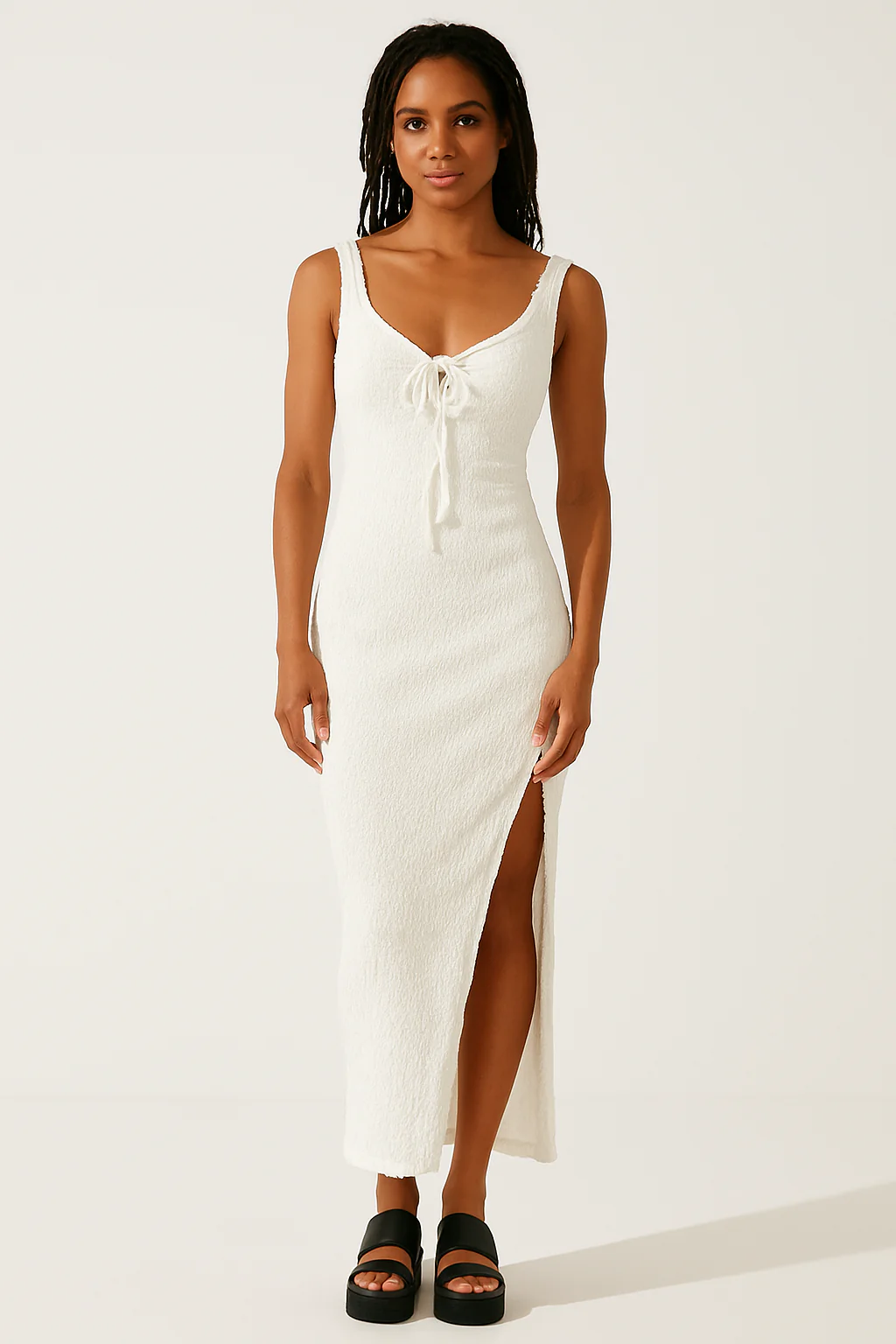 Ladies Maxi Dress – Slim Fit – Open Back – Bow Front – Textured Fabric – Split - Image 3