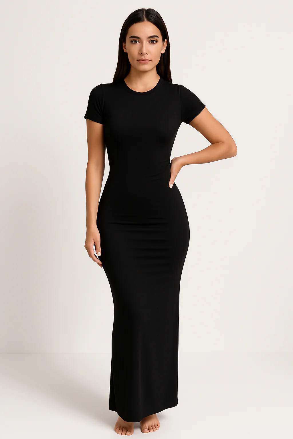 Ladies Maxi Dress – Slim Fit – Stretch Fabric – Short Sleeve – Round Neck - Image 2