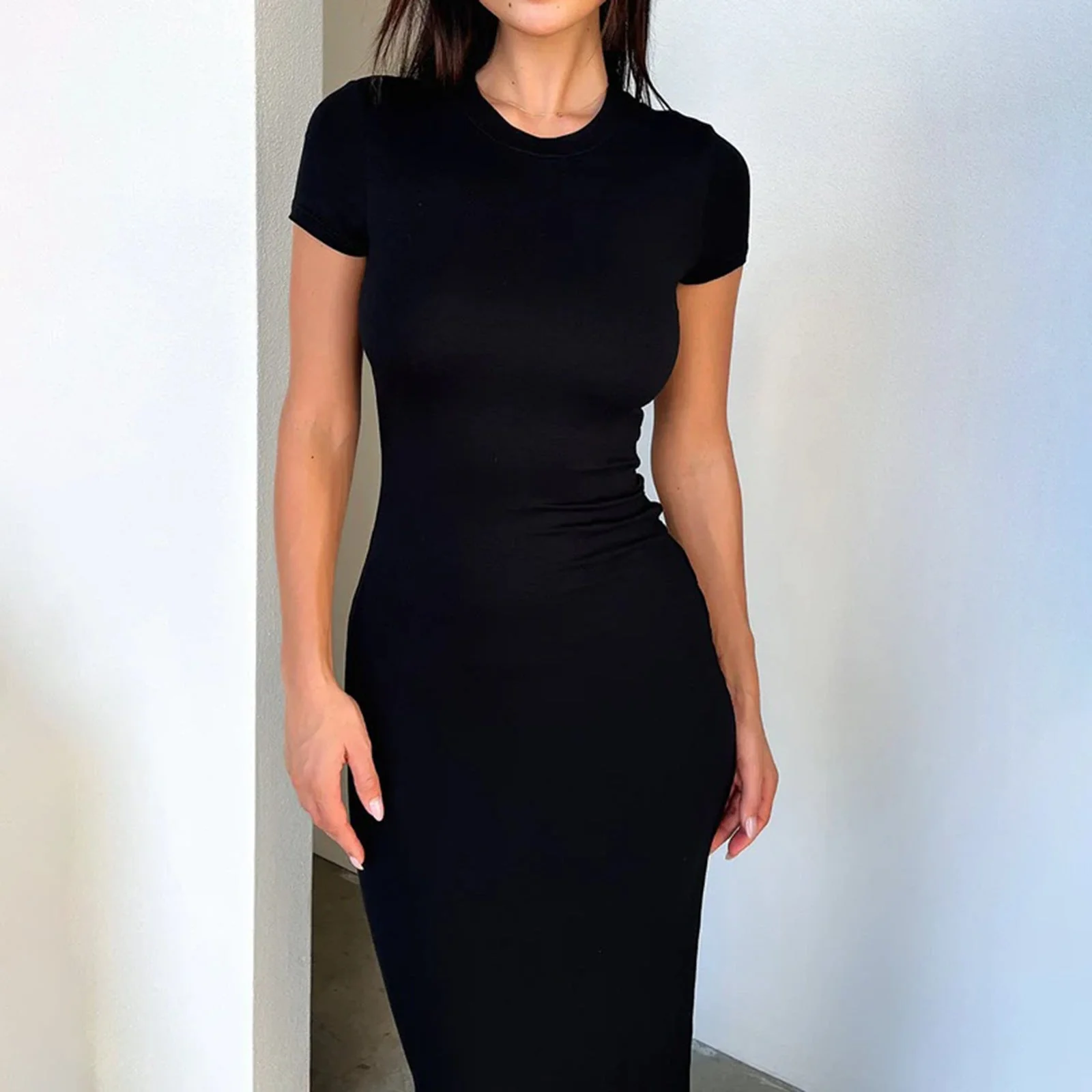 Ladies Maxi Dress – Slim Fit – Stretch Fabric – Short Sleeve – Round Neck - Image 8