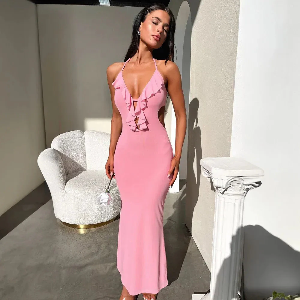 Women's Maxi Dress – Slim Fit – Ruffle Neckline – Cut-Out Detail – Adjustable Straps - Image 2