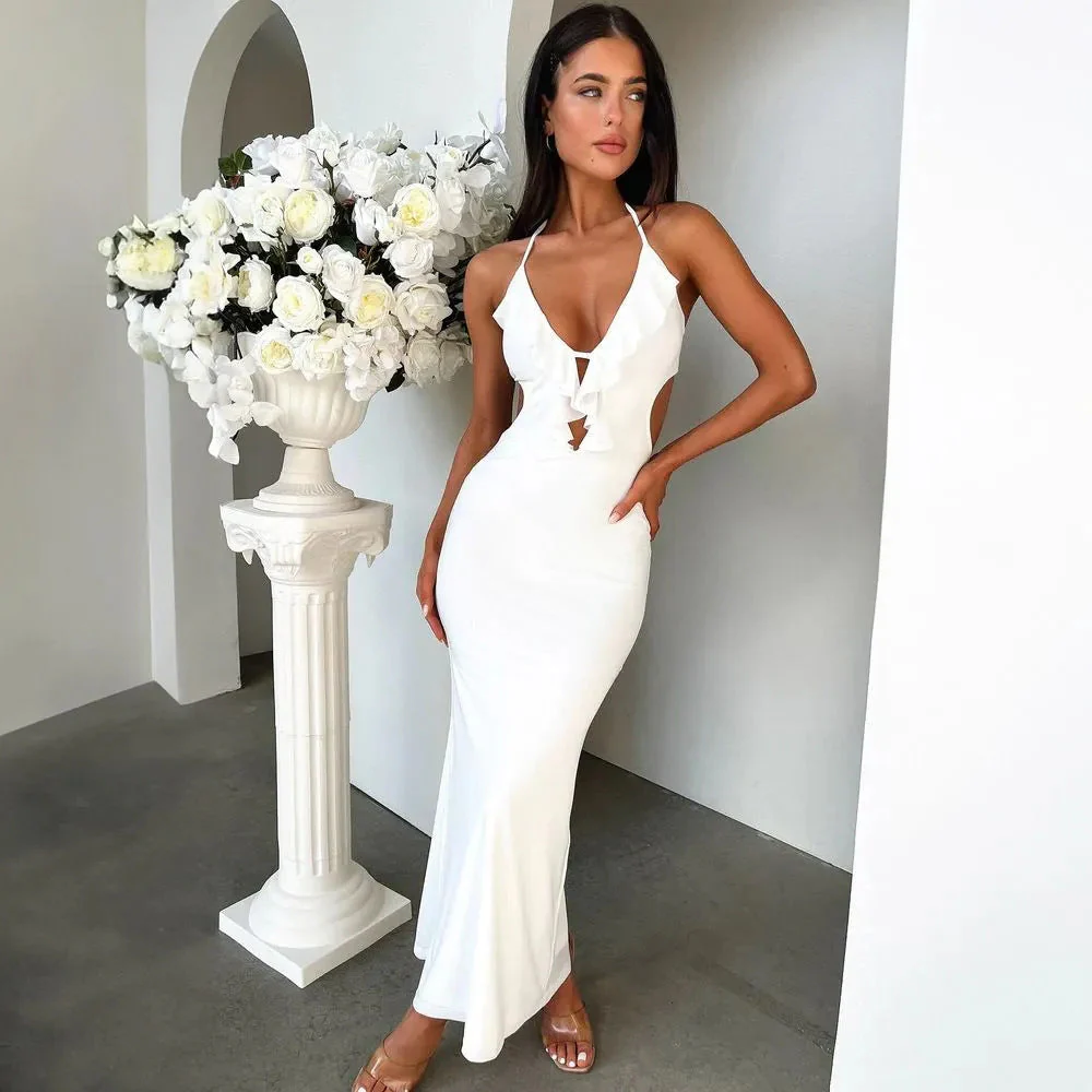 Women's Maxi Dress – Slim Fit – Ruffle Neckline – Cut-Out Detail – Adjustable Straps - Image 4