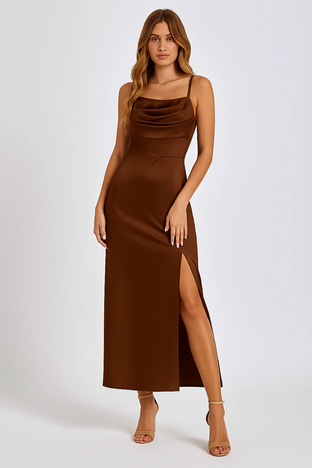 Ladies maxi dress – Slim fit – Satin-like – Cowl neck – Spaghetti straps – Slit - Image 2