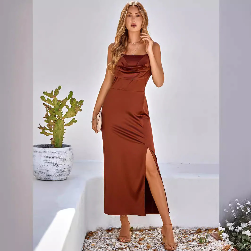 Ladies maxi dress – Slim fit – Satin-like – Cowl neck – Spaghetti straps – Slit - Image 4
