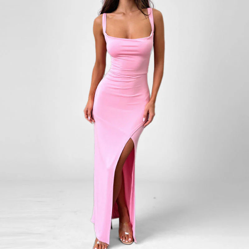 Ladies Maxi Dress – Slim Fit – Satin Look – Spaghetti Straps – High Split – Open Back - Image 3