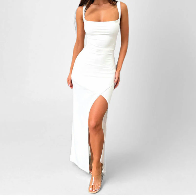 Ladies Maxi Dress – Slim Fit – Satin Look – Spaghetti Straps – High Split – Open Back - Image 7