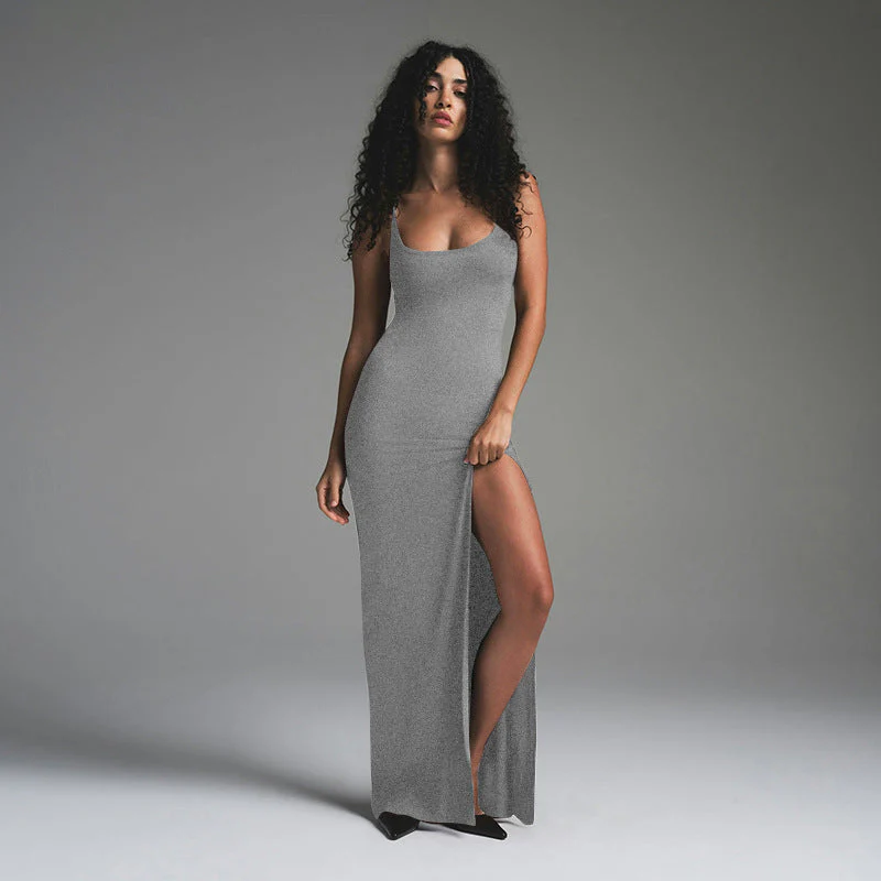 Women's Maxi Dress – Slim Fit – Spaghetti Straps – Scoop Neck – High Slit Backless - Image 4
