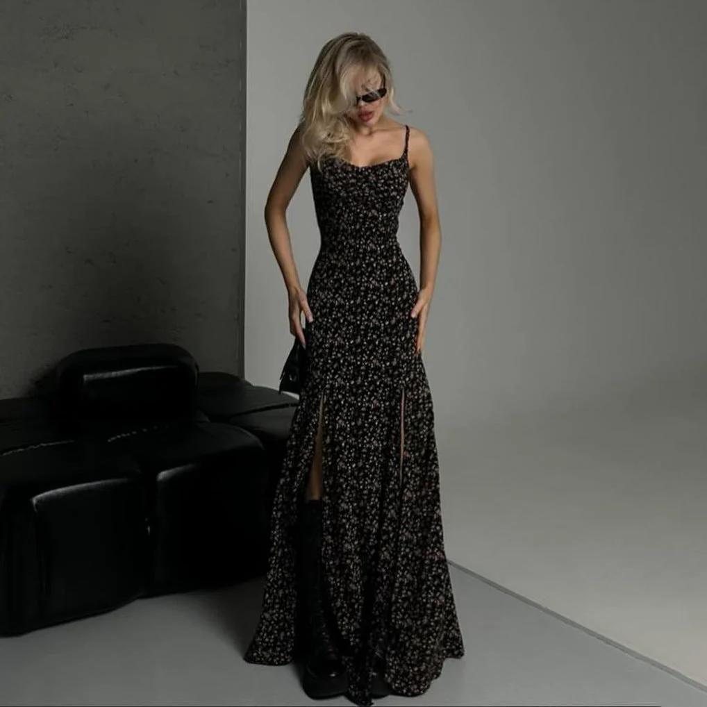 Ladies maxi-dress – Slim fit – Spaghetti straps – High split – Floral print – Linen - Image 5