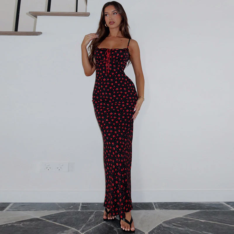 Ladies Maxi Dress – Slim Fit – Spaghetti Straps – Lace Details – Floral Print - Image 5