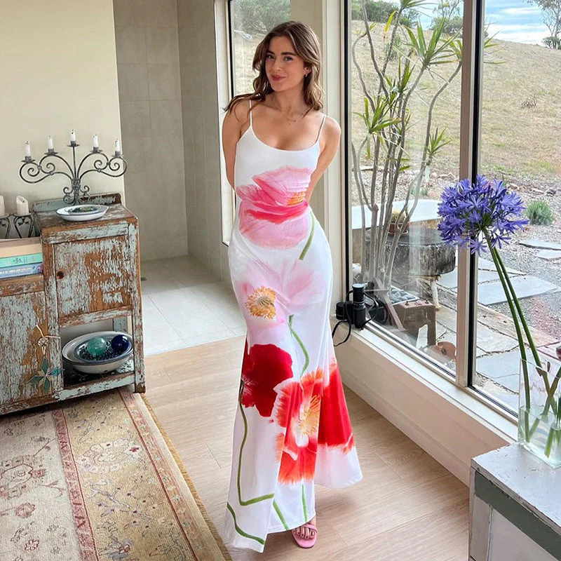 Women's Maxi Dress – Slim Fit – Spaghetti Straps – Low Back – Floral Print Elegant - Image 2