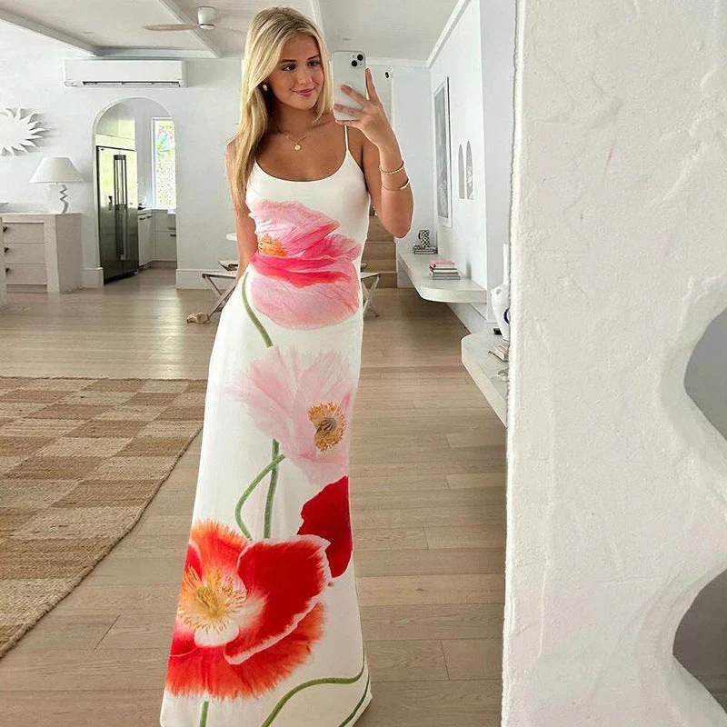 Women's Maxi Dress – Slim Fit – Spaghetti Straps – Low Back – Floral Print Elegant - Image 3