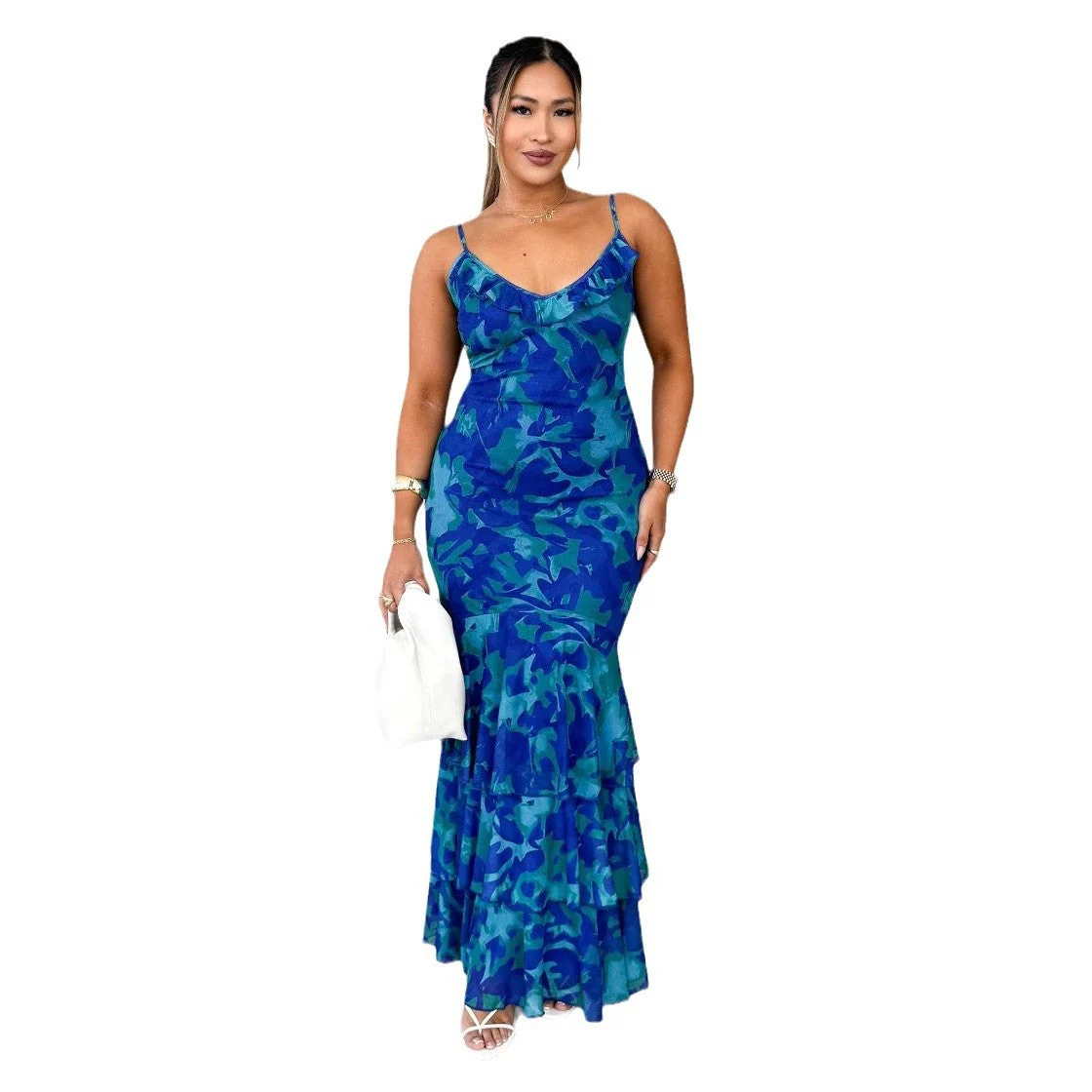 Ladies Maxi Dress – Slim Fit – Spaghetti Straps – Ruffled Neckline – Layered Skirt - Image 4
